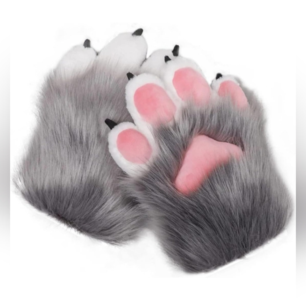 Gray Cat Paw Gloves Plush Furry Mittens w/ Claws Kawaii Cosplay Costume